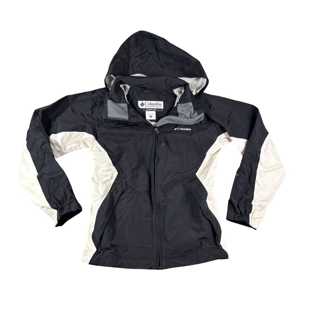 Columbia Womens Omni-Tech Rain Jacket Black White Waterproof Hooded Shell Medium
